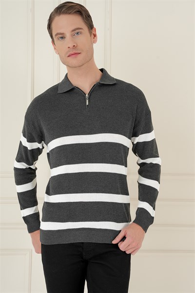 Slim Fit Çizgili Fermuarlı Polo Yaka Antrasit Triko Kazak TR 877