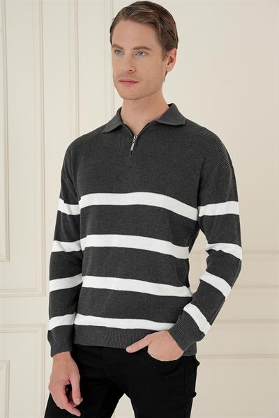 Slim Fit Çizgili Fermuarlı Polo Yaka Antrasit Triko Kazak TR 877