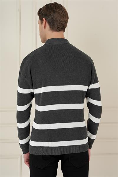 Slim Fit Çizgili Fermuarlı Polo Yaka Antrasit Triko Kazak TR 877