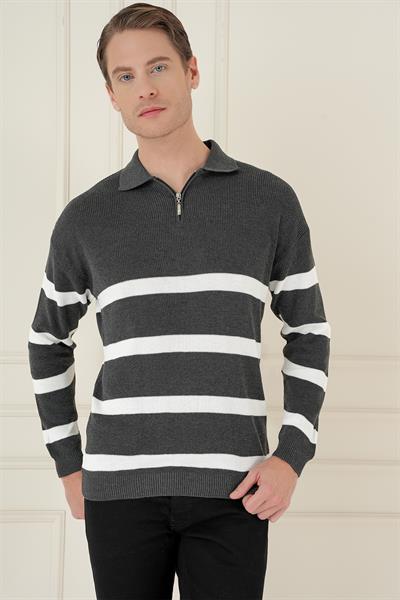 Slim Fit Çizgili Fermuarlı Polo Yaka Antrasit Triko Kazak TR 877