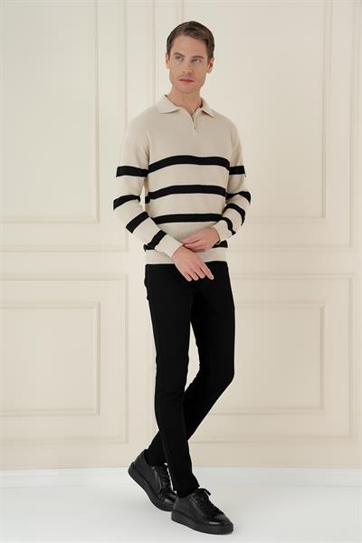 Slim Fit Çizgili Fermuarlı Polo Yaka Bej Triko Kazak TR 877