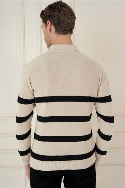 Slim Fit Çizgili Fermuarlı Polo Yaka Bej Triko Kazak TR 877