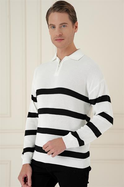 Slim Fit Çizgili Fermuarlı Polo Yaka Ekru Triko Kazak TR 877