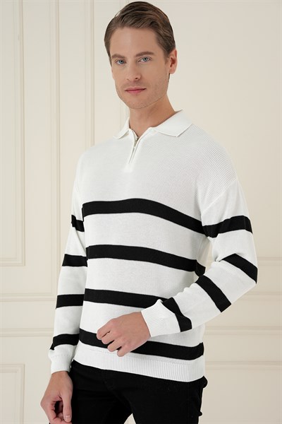 Slim Fit Çizgili Fermuarlı Polo Yaka Ekru Triko Kazak TR 877