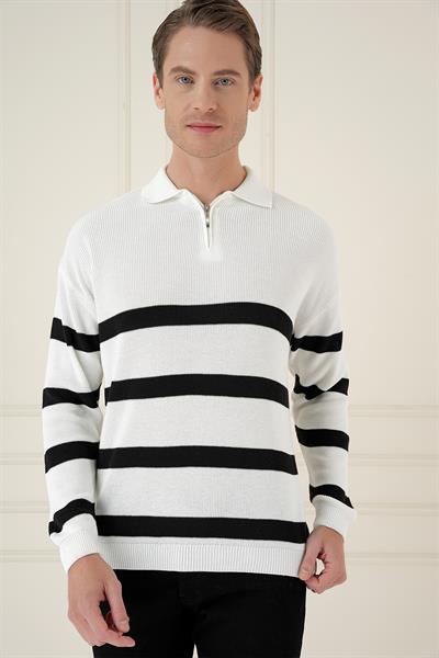 Slim Fit Çizgili Fermuarlı Polo Yaka Ekru Triko Kazak TR 877