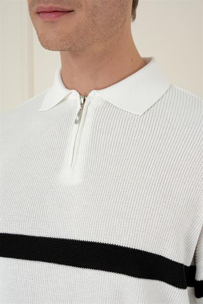 Slim Fit Çizgili Fermuarlı Polo Yaka Ekru Triko Kazak TR 877