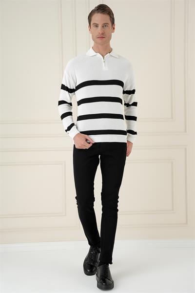 Slim Fit Çizgili Fermuarlı Polo Yaka Ekru Triko Kazak TR 877