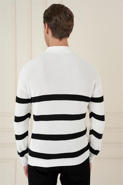 Slim Fit Çizgili Fermuarlı Polo Yaka Ekru Triko Kazak TR 877