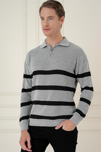 Slim Fit Çizgili Fermuarlı Polo Yaka Gri Triko Kazak TR 877