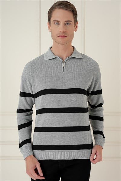 Slim Fit Çizgili Fermuarlı Polo Yaka Gri Triko Kazak TR 877