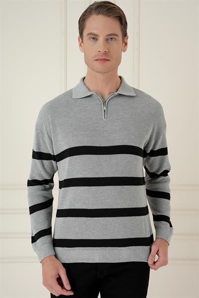 Slim Fit Çizgili Fermuarlı Polo Yaka Gri Triko Kazak TR 877