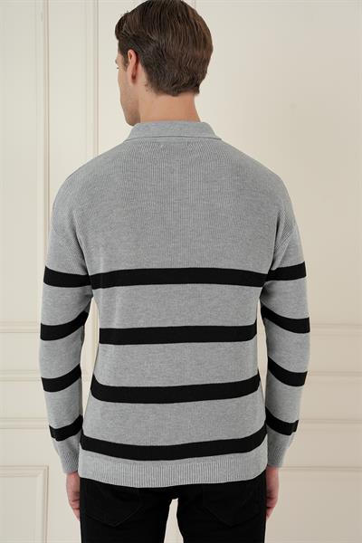 Slim Fit Çizgili Fermuarlı Polo Yaka Gri Triko Kazak TR 877