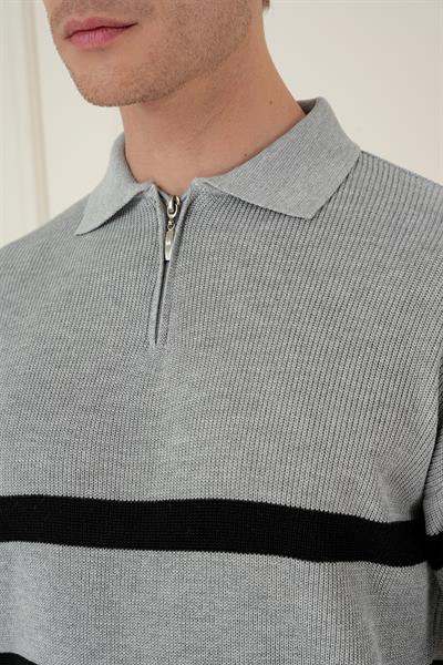 Slim Fit Çizgili Fermuarlı Polo Yaka Gri Triko Kazak TR 877