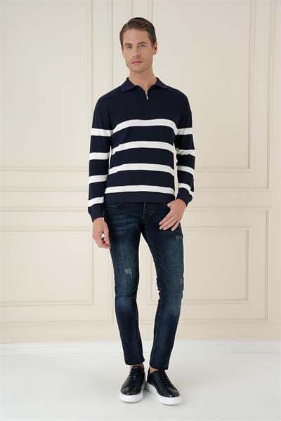 Slim Fit Çizgili Fermuarlı Polo Yaka Lacivert Triko Kazak TR 877