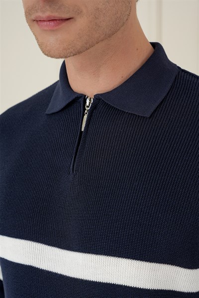 Slim Fit Çizgili Fermuarlı Polo Yaka Lacivert Triko Kazak TR 877