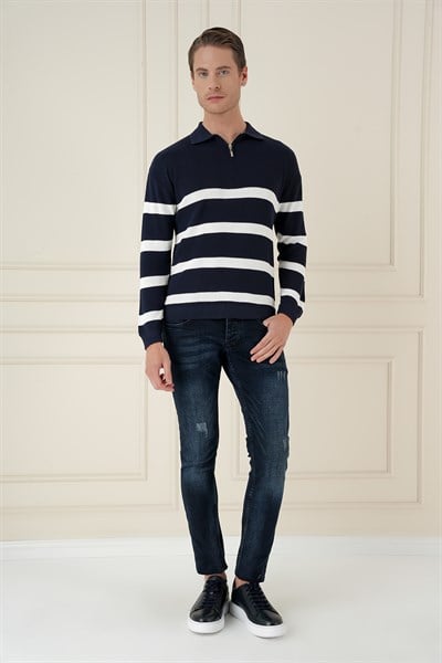 Slim Fit Çizgili Fermuarlı Polo Yaka Lacivert Triko Kazak TR 877