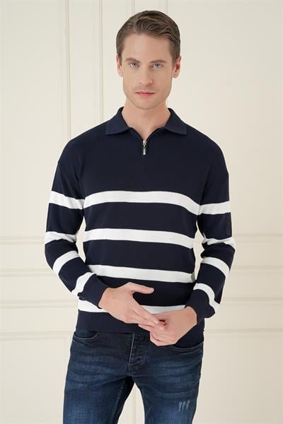 Slim Fit Çizgili Fermuarlı Polo Yaka Lacivert Triko Kazak TR 877