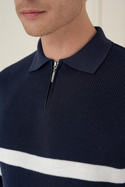 Slim Fit Çizgili Fermuarlı Polo Yaka Lacivert Triko Kazak TR 877