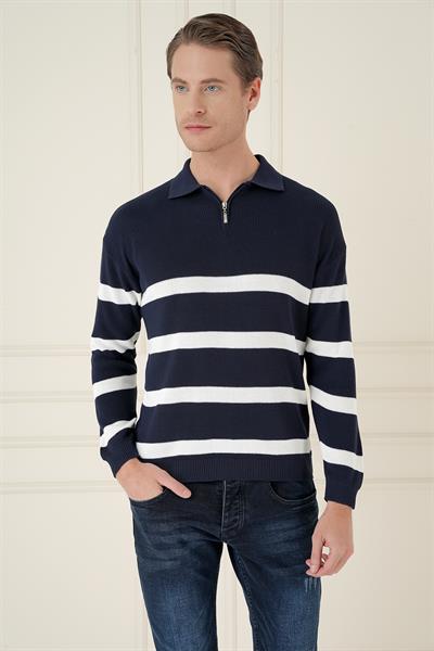 Slim Fit Çizgili Fermuarlı Polo Yaka Lacivert Triko Kazak TR 877