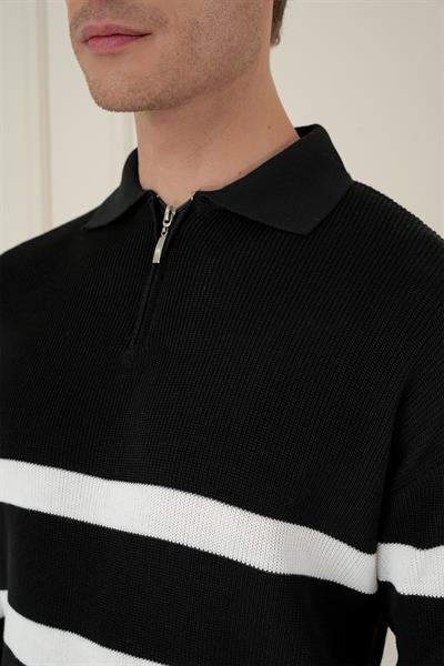Slim Fit Çizgili Fermuarlı Polo Yaka Siyah Triko Kazak TR 877