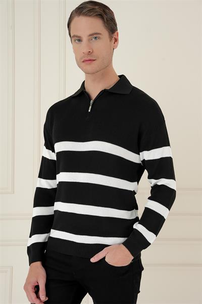 Slim Fit Çizgili Fermuarlı Polo Yaka Siyah Triko Kazak TR 877