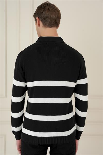 Slim Fit Çizgili Fermuarlı Polo Yaka Siyah Triko Kazak TR 877