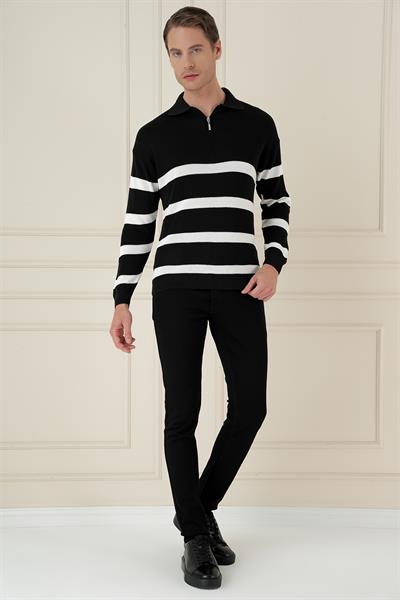 Slim Fit Çizgili Fermuarlı Polo Yaka Siyah Triko Kazak TR 877