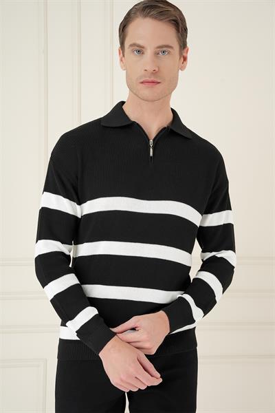 Slim Fit Çizgili Fermuarlı Polo Yaka Siyah Triko Kazak TR 877