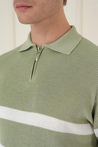 Slim Fit Çizgili Fermuarlı Polo Yaka Yeşil Triko Kazak TR 877