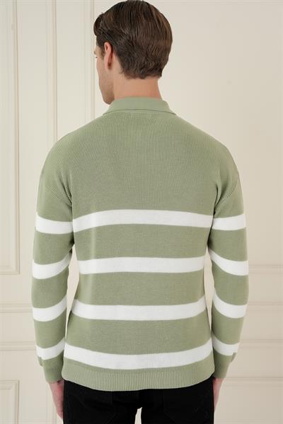 Slim Fit Çizgili Fermuarlı Polo Yaka Yeşil Triko Kazak TR 877