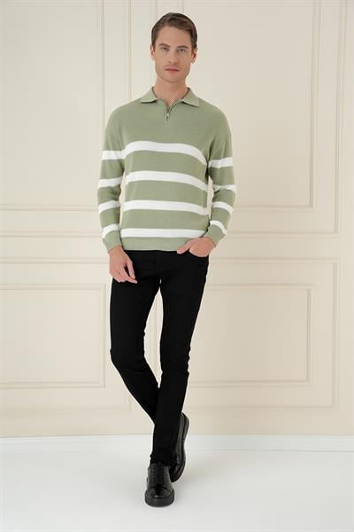 Slim Fit Çizgili Fermuarlı Polo Yaka Yeşil Triko Kazak TR 877