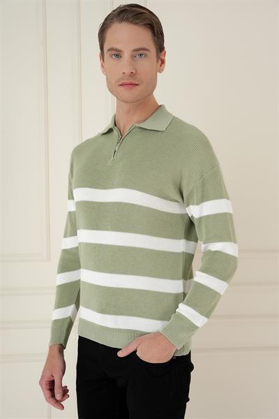 Slim Fit Çizgili Fermuarlı Polo Yaka Yeşil Triko Kazak TR 877