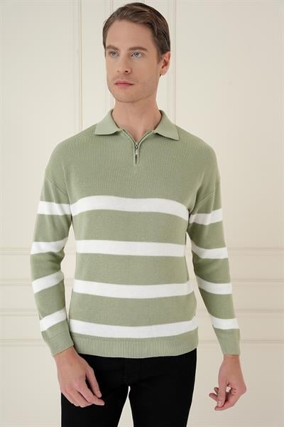 Slim Fit Çizgili Fermuarlı Polo Yaka Yeşil Triko Kazak TR 877