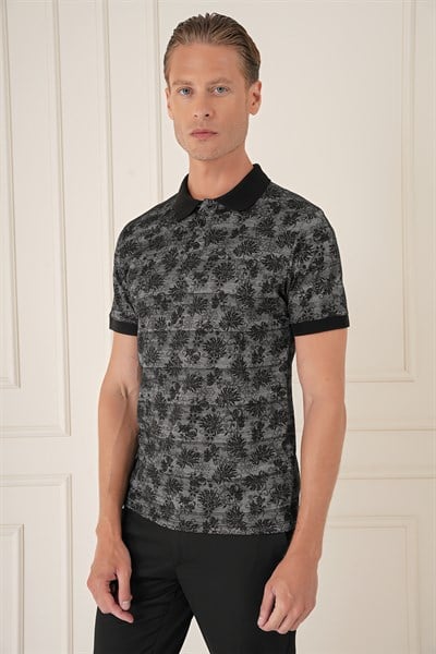 Slim Fit Dal Yaprak Desen Polo Yaka Pamuklu Siyah Tişört Ts 884