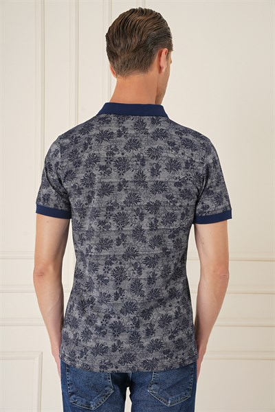 Slim Fit Dal Yaprak Desen Polo Yaka Pamuklu Lacivert Tişört Ts 884