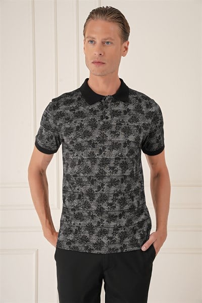 Slim Fit Dal Yaprak Desen Polo Yaka Pamuklu Siyah Tişört Ts 884