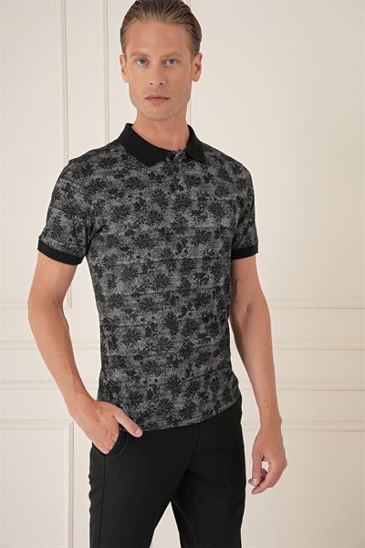 Slim Fit Dal Yaprak Desen Polo Yaka Pamuklu Siyah Tişört Ts 884