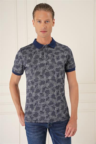 Slim Fit Dal Yaprak Desen Polo Yaka Pamuklu Lacivert Tişört Ts 884
