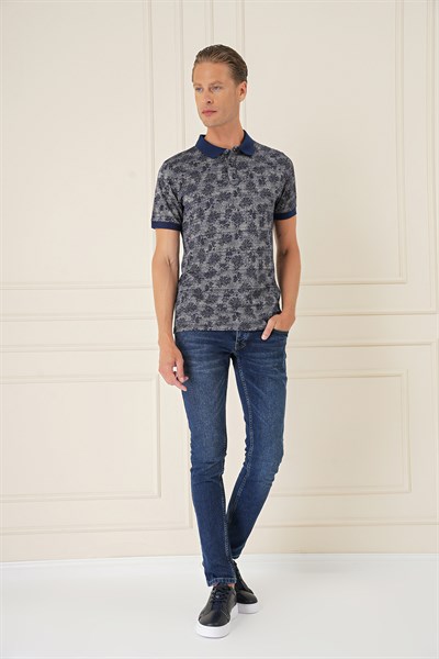 Slim Fit Dal Yaprak Desen Polo Yaka Pamuklu Lacivert Tişört Ts 884