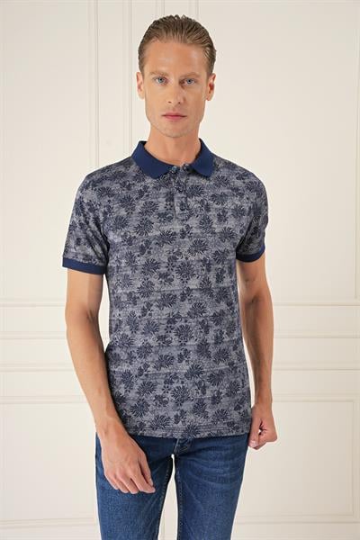 Slim Fit Dal Yaprak Desen Polo Yaka Pamuklu Lacivert Tişört Ts 884