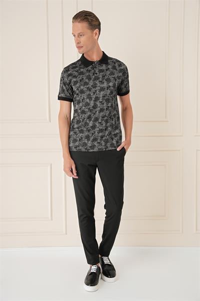 Slim Fit Dal Yaprak Desen Polo Yaka Pamuklu Siyah Tişört Ts 884