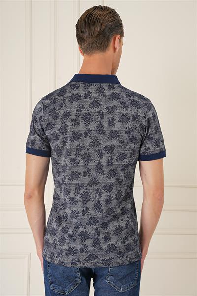 Slim Fit Dal Yaprak Desen Polo Yaka Pamuklu Lacivert Tişört Ts 884