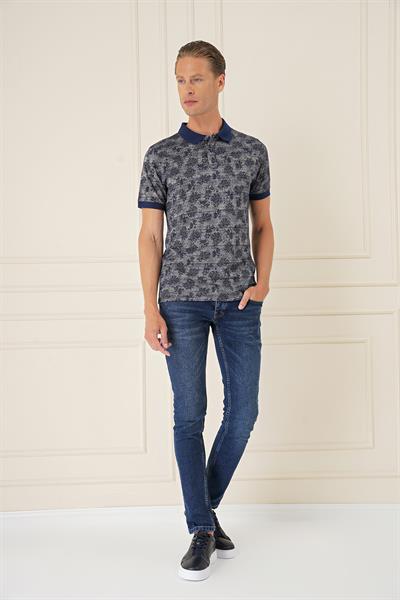 Slim Fit Dal Yaprak Desen Polo Yaka Pamuklu Lacivert Tişört Ts 884