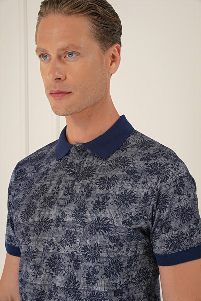 Slim Fit Dal Yaprak Desen Polo Yaka Pamuklu Lacivert Tişört Ts 884