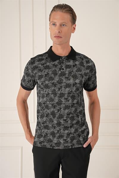 Slim Fit Dal Yaprak Desen Polo Yaka Pamuklu Siyah Tişört Ts 884