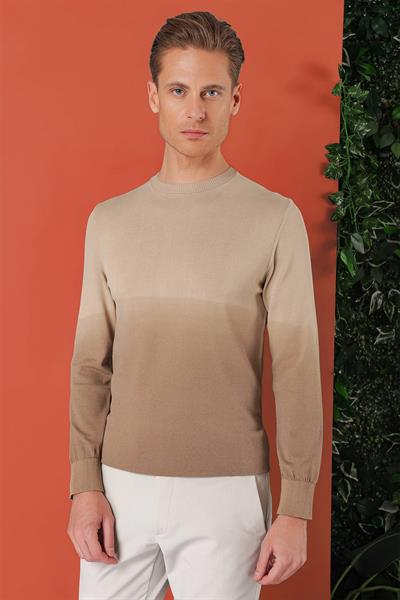 Slim Fit Degrade Desen Bisiklet Yaka Bej Triko Tr 866