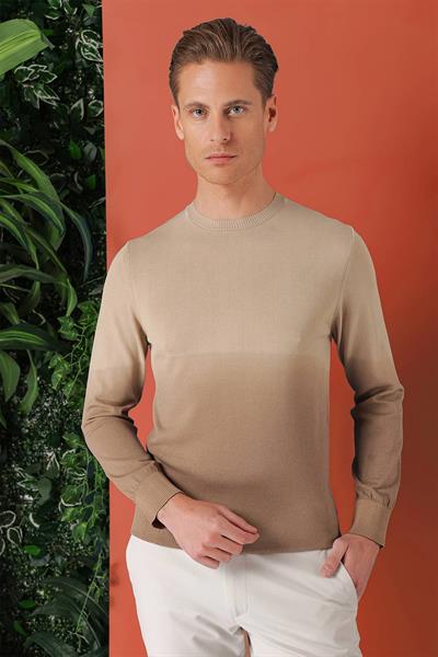 Slim Fit Degrade Desen Bisiklet Yaka Bej Triko Tr 866