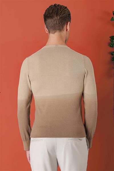 Slim Fit Degrade Desen Bisiklet Yaka Bej Triko Tr 866