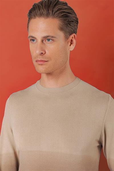 Slim Fit Degrade Desen Bisiklet Yaka Bej Triko Tr 866