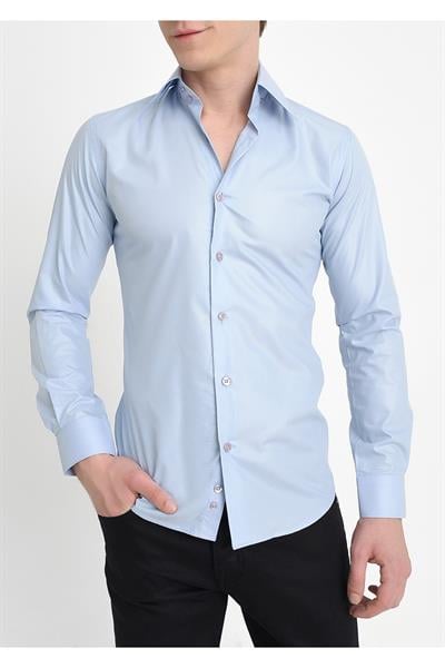 Slim Fit Dik Yaka Pamuk Saten Uzun Kol Klasik Açık Mavi Gömlek  G 565